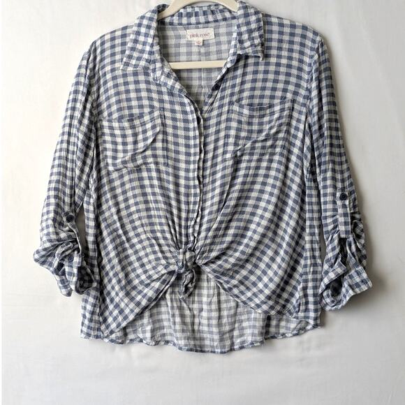 Pink Rose‎ Blouse Womens Small Blue White Gingham Check Plaid Tie Front Button - Picture 1 of 7